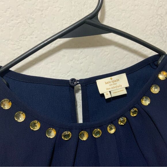 Kate Spade Live Colorfully Blue Top w Embellished Jeweled Neckline size 8 - Picture 4 of 7